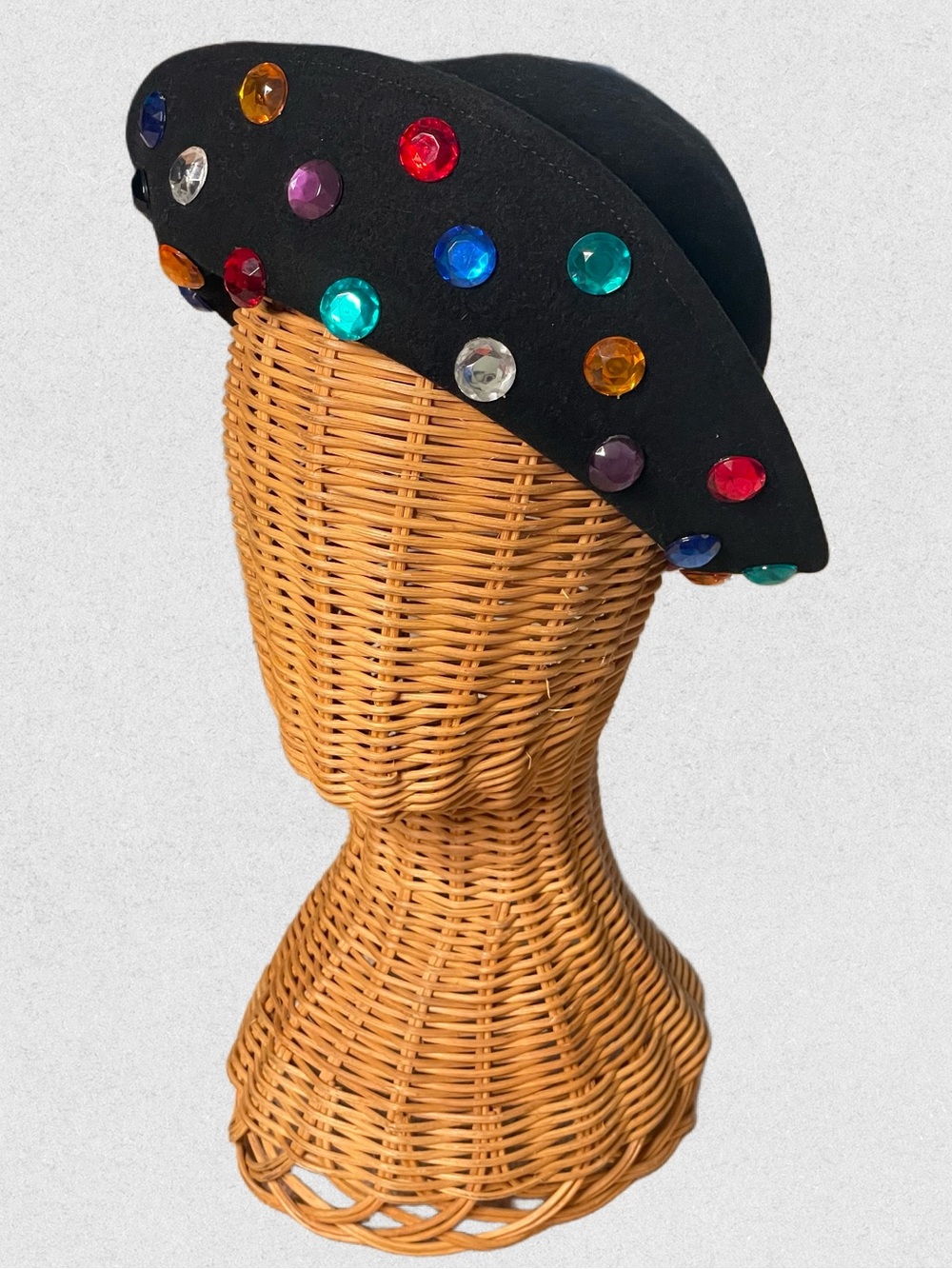 Vintage 90s Black Embellished Wool Hat with Multicolor Gems